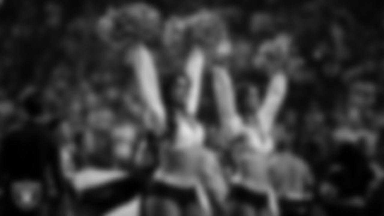 Raiderette Annalise during player introductions before the regular season home game against the Dallas Cowboys at Allegiant Stadium.