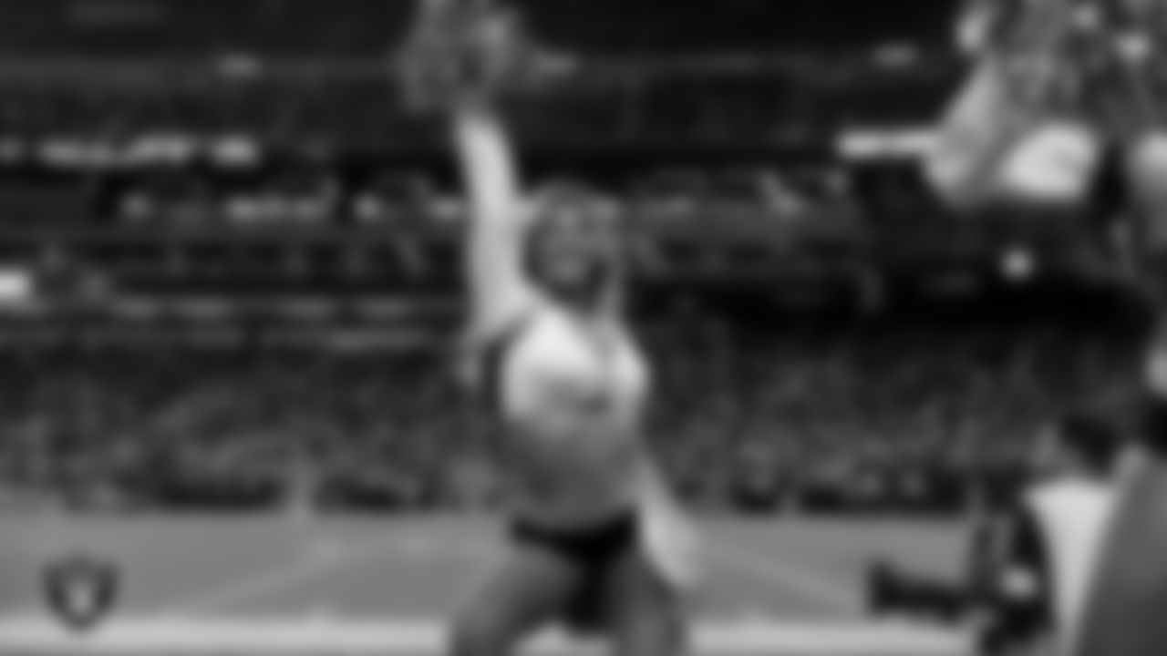 Raiderette Isabella on the sidelines during the regular season home game against the Cleveland Browns at Allegiant Stadium.