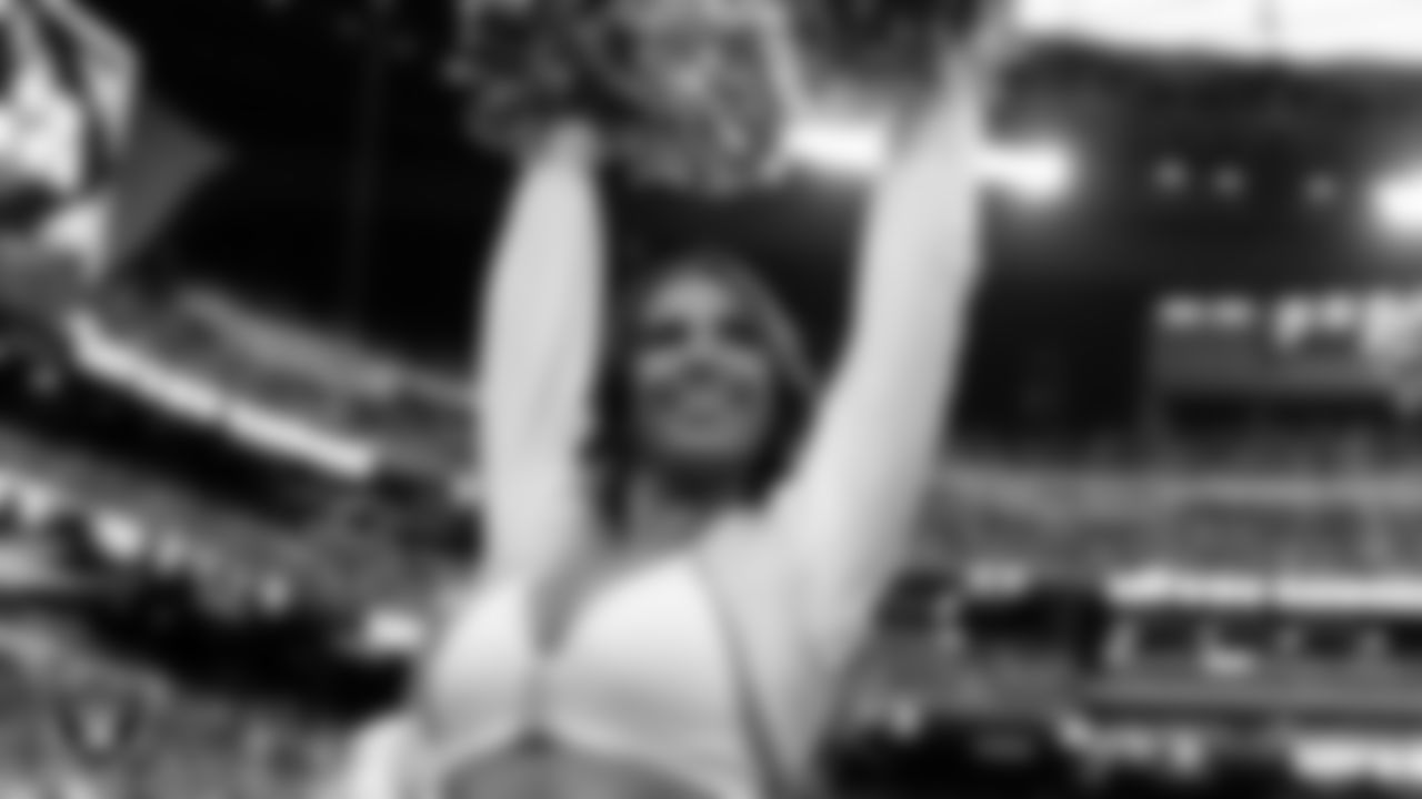 Raiderette Raegen on the sidelines during the preseason home game against the San Francisco 49ers at Allegiant Stadium.