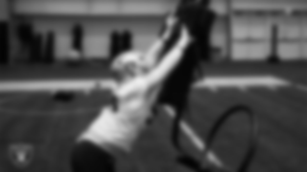 Las Vegas Raiders defensive tackle Jonah Laulu (96) during practice at Intermountain Health Performance Center.