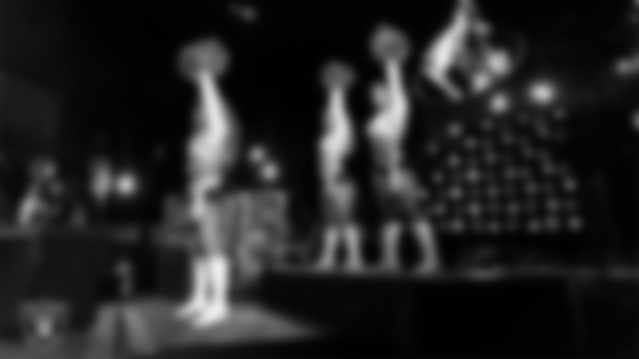 Raiderettes Lexie, Taylor and Kylie perform with rapper and record producer Lil Jon during halftime at the Las Vegas Raiders regular season home game against the Los Angeles Chargers at Allegiant Stadium.