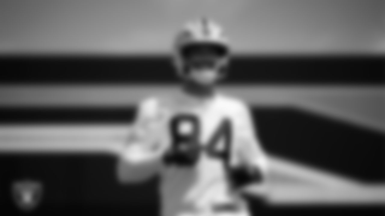 Las Vegas Raiders tight end Qadir Ismail (84) at an Organized Team Activity (OTA) at Intermountain Health Performance Center.