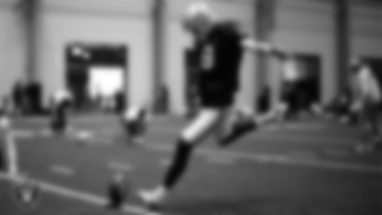 Las Vegas Raiders kicker Daniel Carlson (8) during practice at Intermountain Health Performance Center.