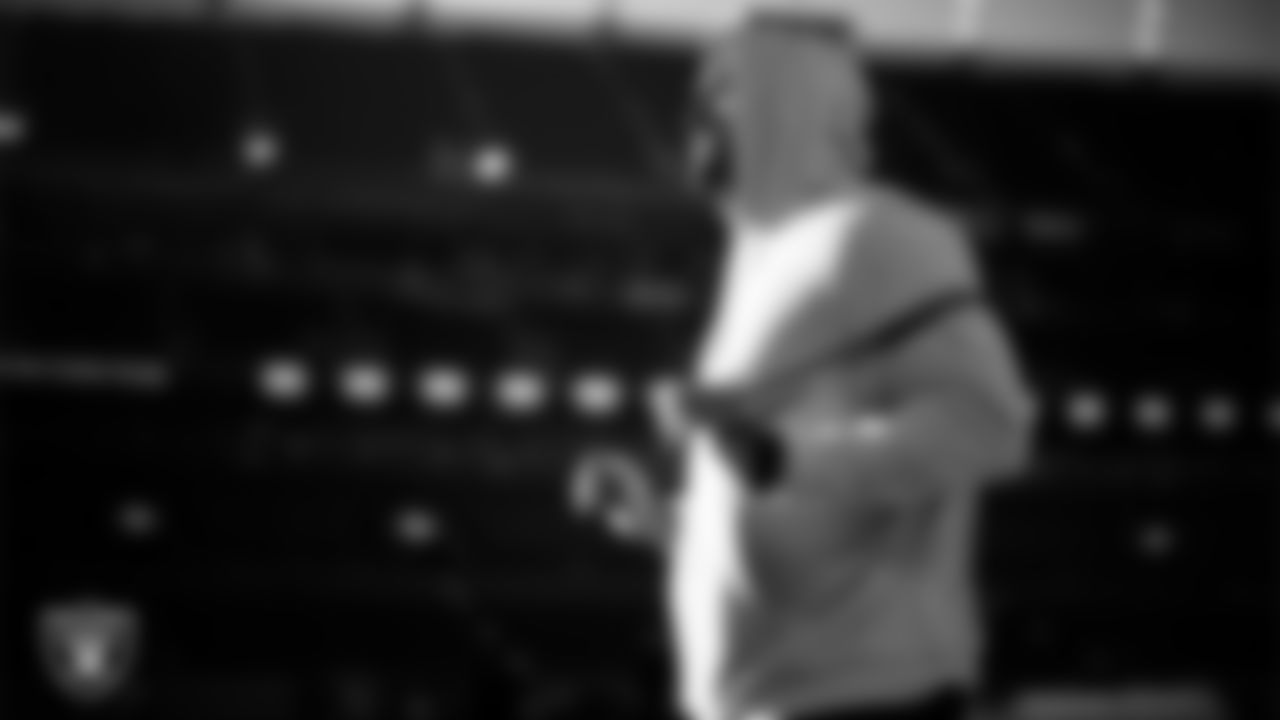 Las Vegas Raiders offensive lineman Stone Forsythe (70) warming up before the regular season away game against the Denver Broncos at Empower Field at Mile High.