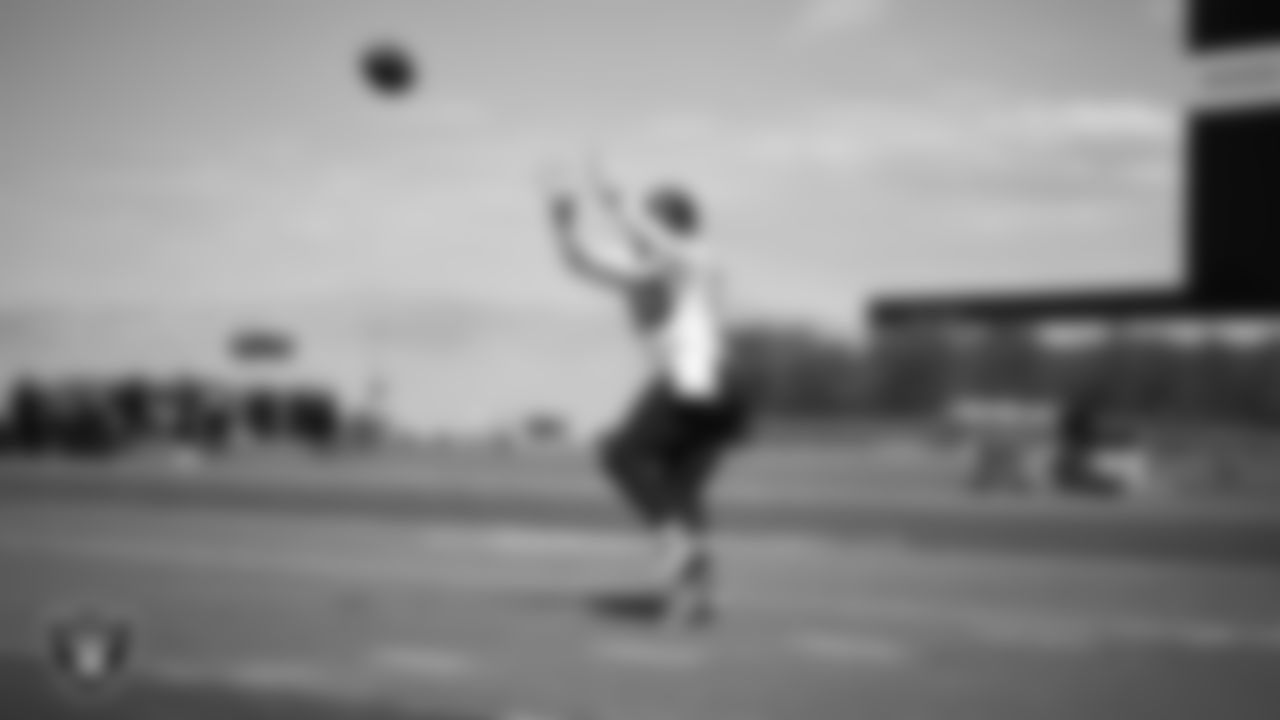 Las Vegas Raiders tight end Ian Thomas (80) at a workout during phase two of the offseason program at Intermountain Health Performance Center.