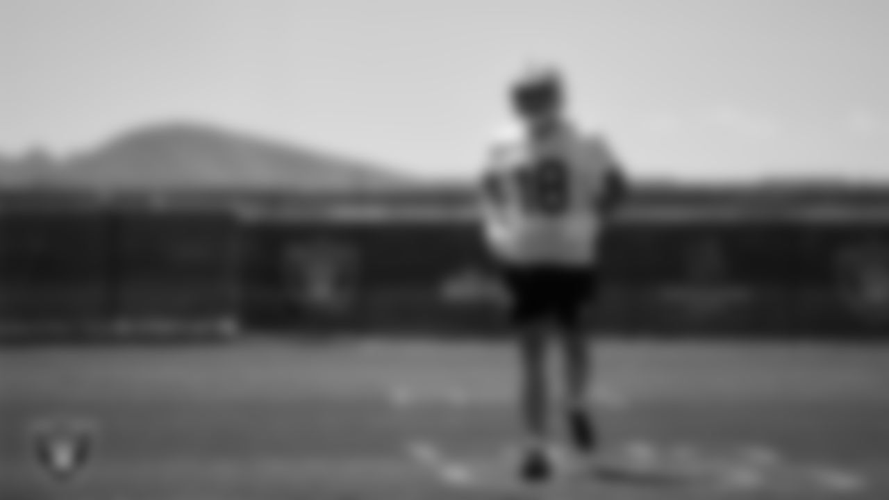 Las Vegas Raiders wide receiver Jack Bech (18) on the field for mandatory minicamp at Intermountain Health Performance Center.