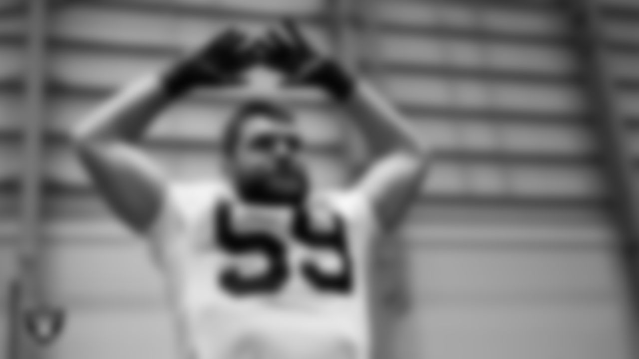 Las Vegas Raiders linebacker Jon Rhattigan (59) during practice at Intermountain Health Performance Center.
