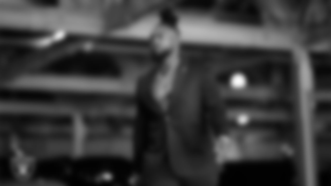 Las Vegas Raiders defensive tackle Adam Butler (69) arrives to the regular season home game against the Cleveland Browns at Allegiant Stadium.