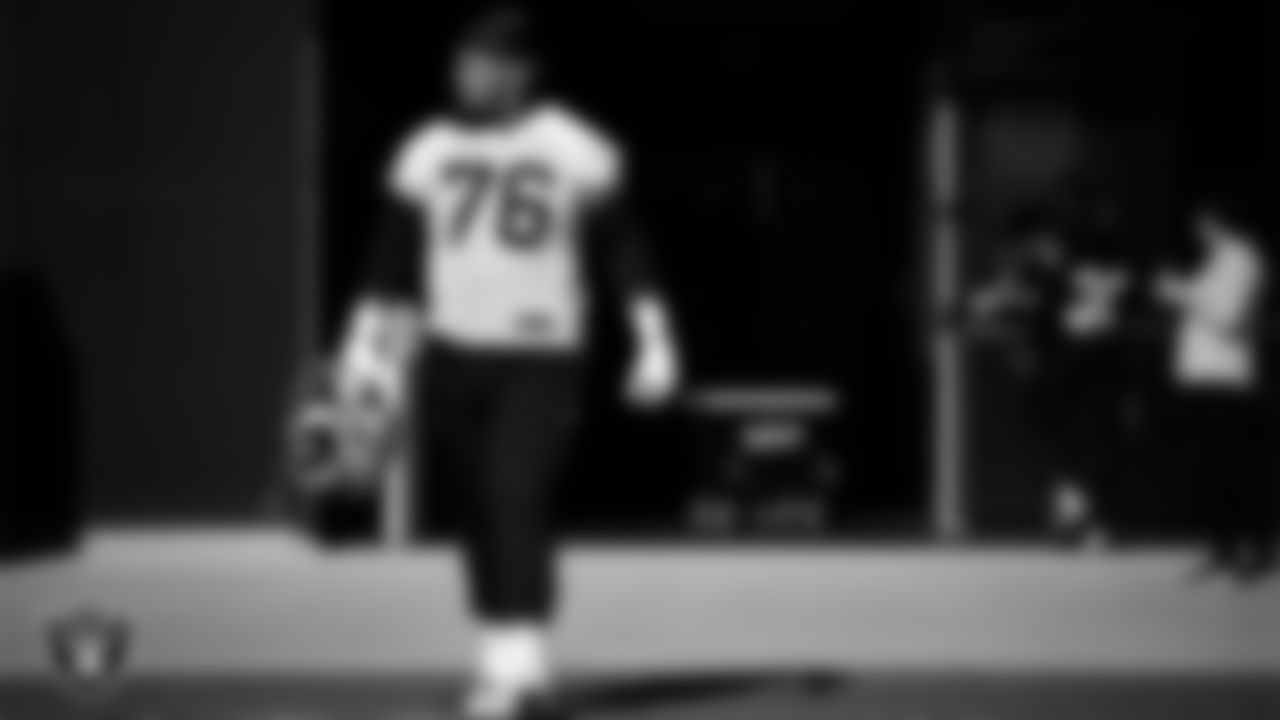 Las Vegas Raiders guard Caleb Rogers (76) during practice at Intermountain Health Performance Center.