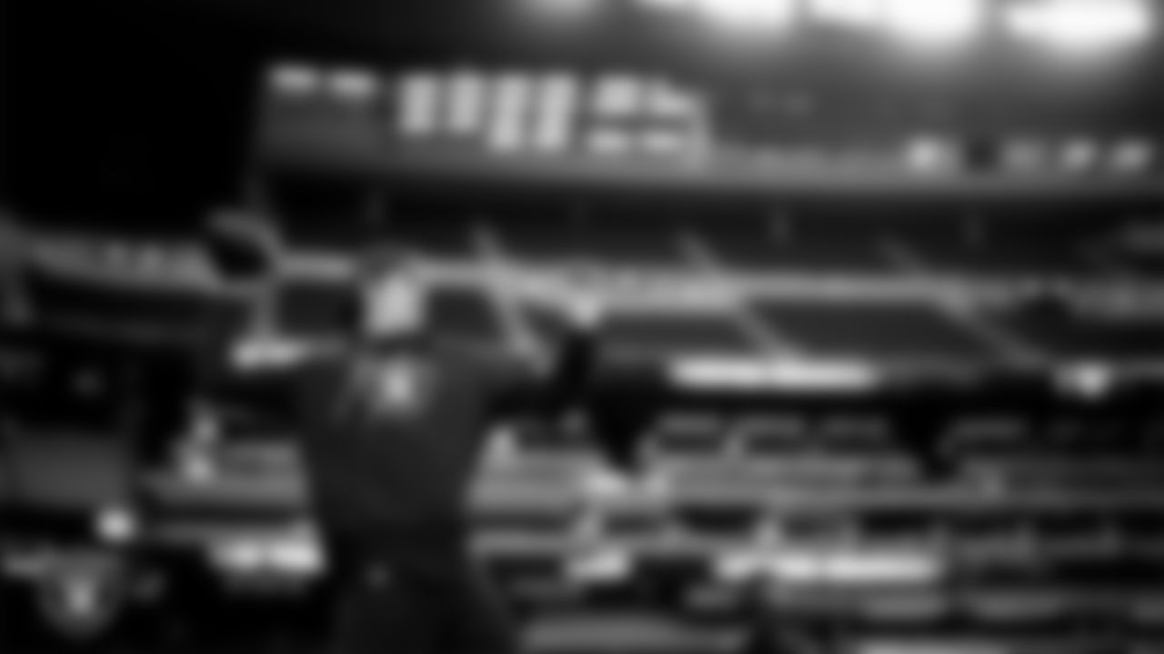 Las Vegas Raiders quarterback Aidan O'Connell (12) warming up before the regular season home game against the Denver Broncos at Allegiant Stadium.