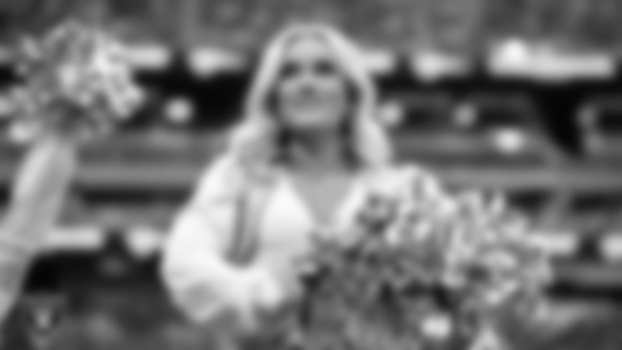 Raiderette Kennedy on the sidelines during the preseason home game against the San Francisco 49ers at Allegiant Stadium.