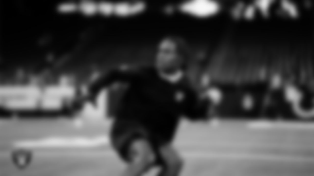 Las Vegas Raiders cornerback Darnay Holmes (30) warming up before the regular season away game against the Indianapolis Colts at Lucas Oil Stadium.