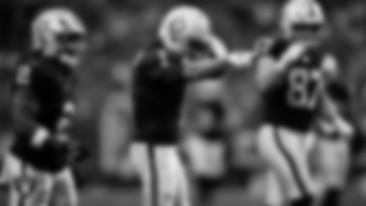 Las Vegas Raiders wide receiver Tre Tucker (1) celebrates after making a first down during the regular season home game against the New York Giants at Allegiant Stadium.