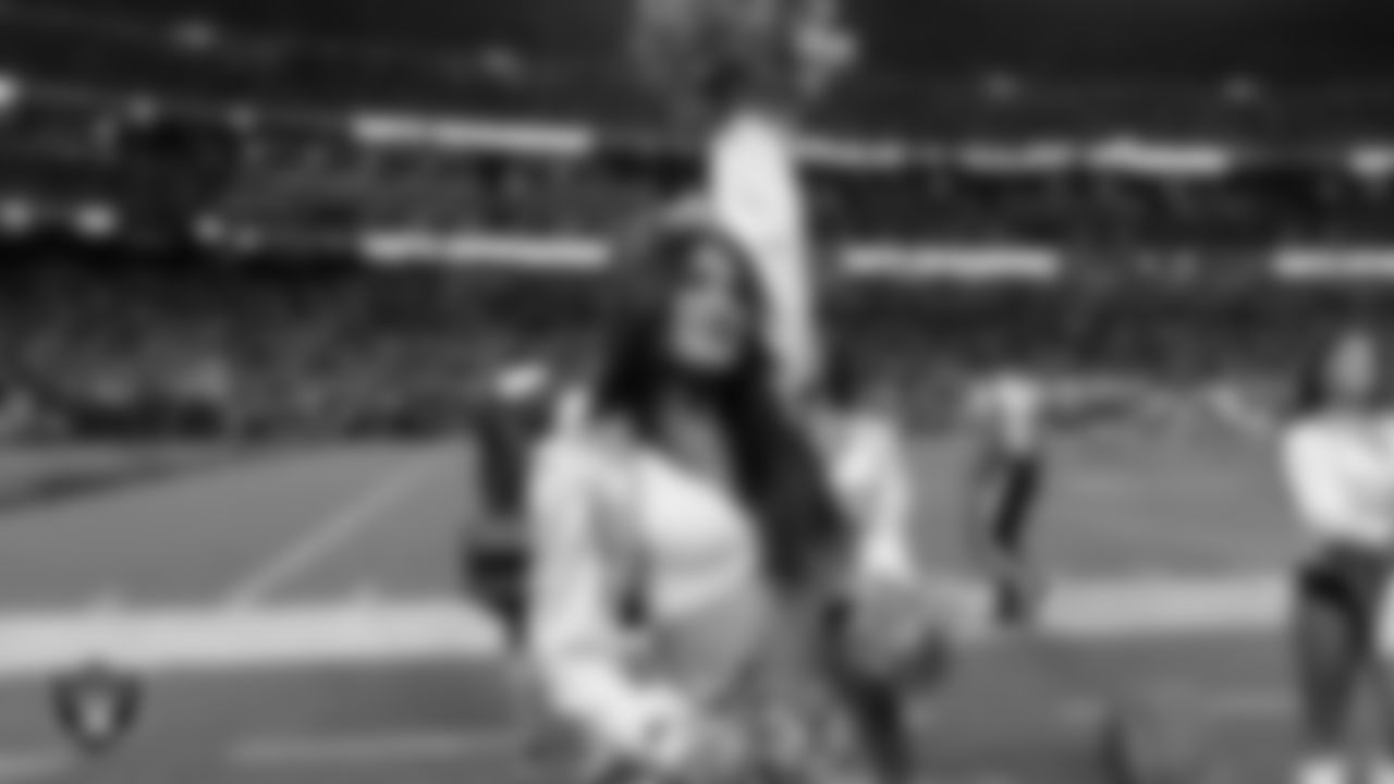 Raiderette Macy on the sidelines during the regular season home game against the Los Angeles Chargers at Allegiant Stadium.