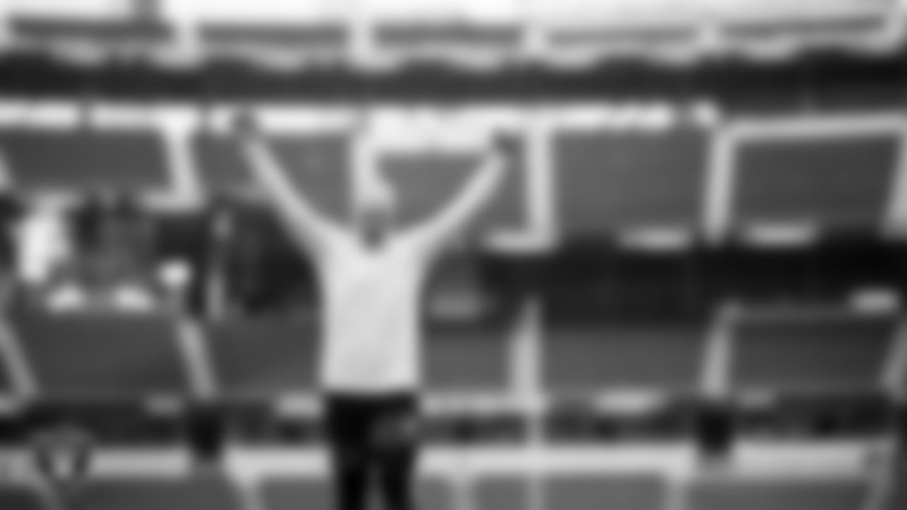 Las Vegas Raiders long snapper Jacob Bobenmoyer (50) warming up before the regular season away game against the Los Angeles Chargers at SoFi Stadium.