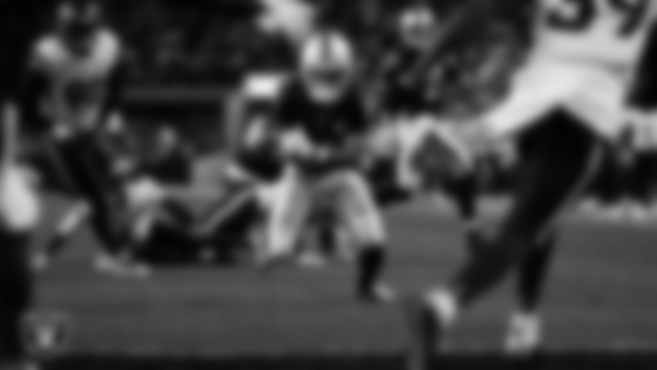 Las Vegas Raiders wide receiver Tre Tucker (11) runs after making a catch during the regular season home game against the Denver Broncos at Allegiant Stadium, Sunday, November 24, 2024, in Las Vegas, Nev.