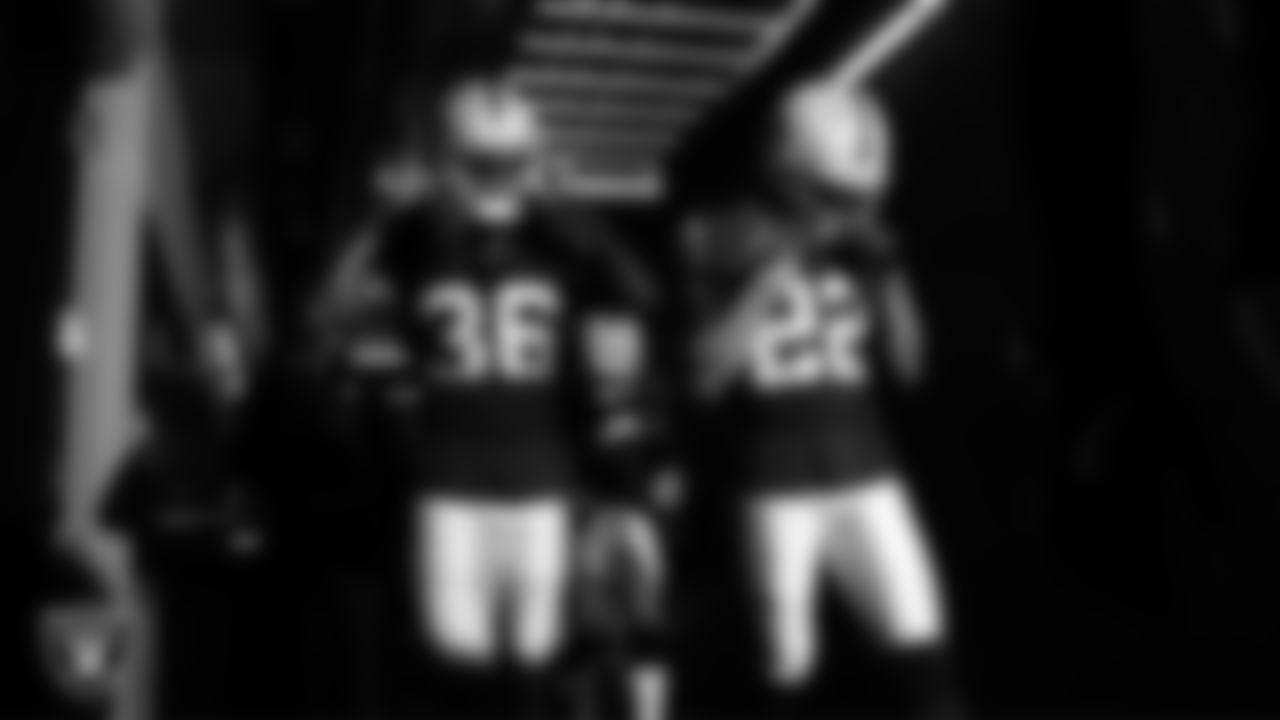 Las Vegas Raiders cornerback Kyu Blu Kelly (36) and cornerback Eric Stokes (22) walk down the tunnel before the regular season home game against the Tennessee Titans at Allegiant Stadium.