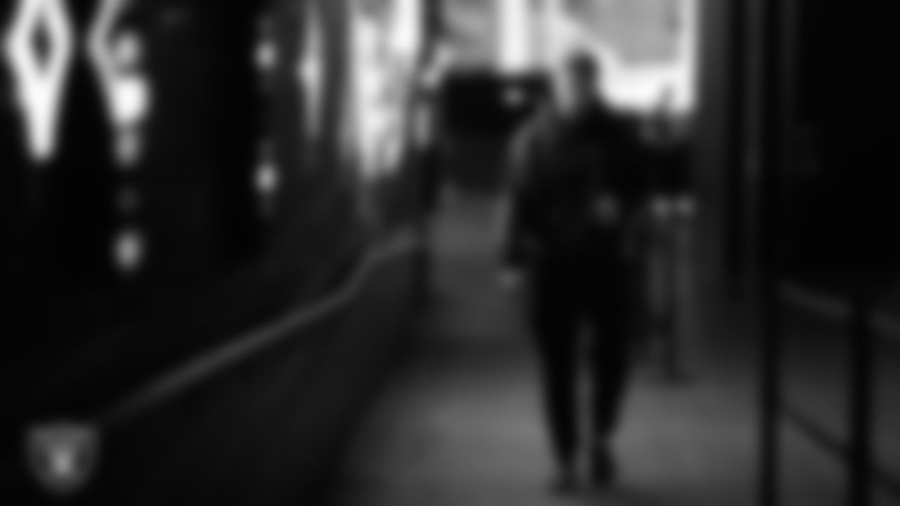 Las Vegas Raiders tight end Michael Mayer (87) arrives to the regular season home game against the Dallas Cowboys at Allegiant Stadium.