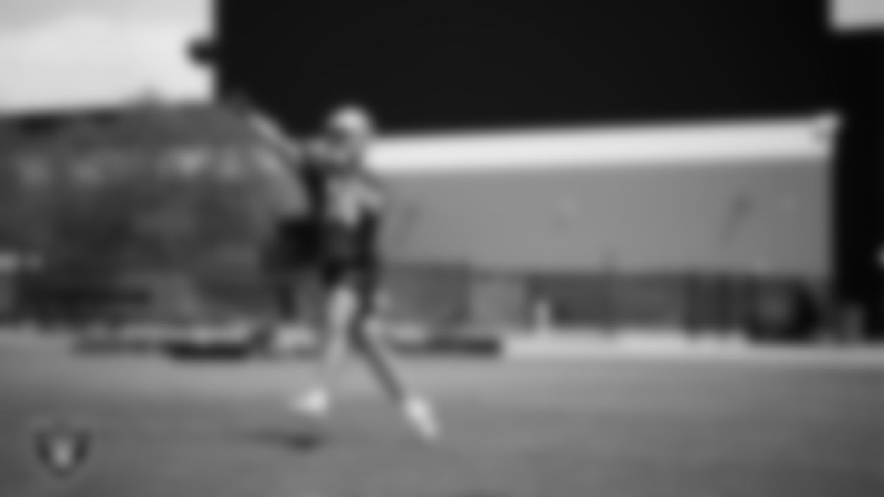 Las Vegas Raiders quarterback Carter Bradley (14) at an Organized Team Activity (OTA) at Intermountain Health Performance Center.
