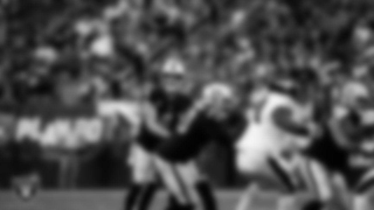 Las Vegas Raiders quarterback Derek Carr (4) passes during the regular season home game against the Philadelphia Eagles at Allegiant Stadium, Sunday, October 24, 2021, in Las Vegas, Nev.