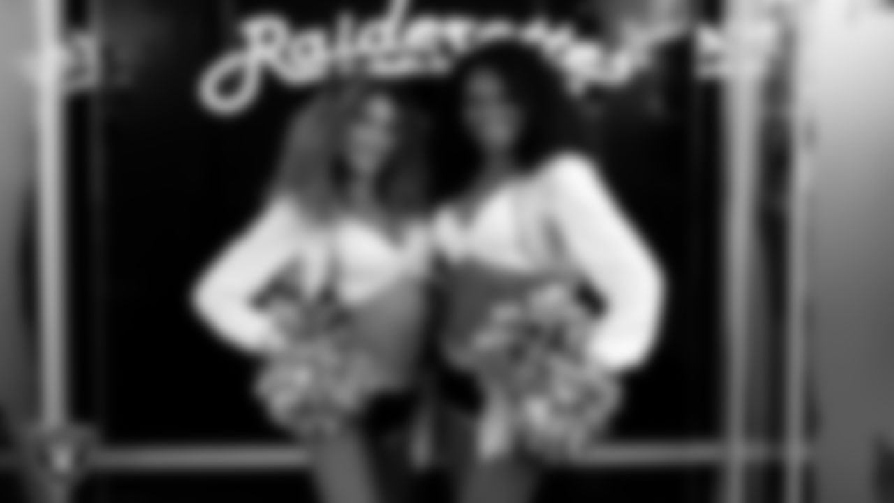 Raiderettes Jenna and Shayla in the locker room before the regular season home game against the Cleveland Browns at Allegiant Stadium.