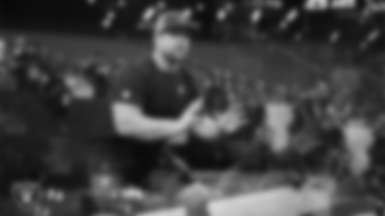 Las Vegas Raiders center/guard Jordan Meredith (61) warming up before the regular season home game against the Cleveland Browns at Allegiant Stadium.