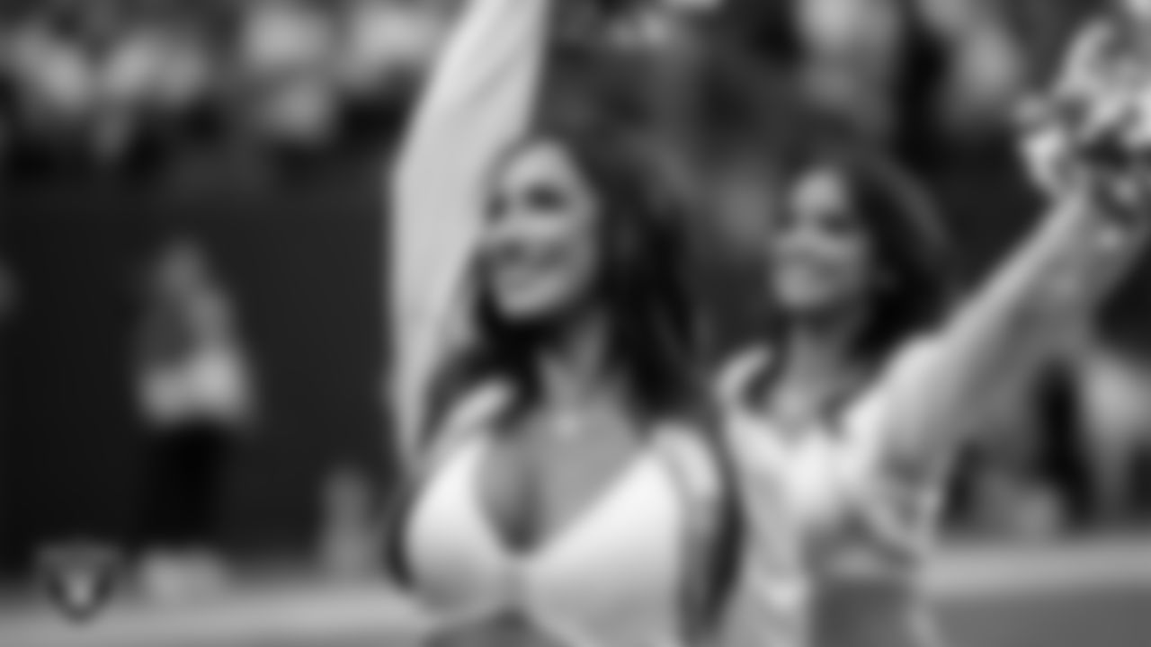 Raiderette Cheyanne on the sidelines during the preseason home game against the San Francisco 49ers at Allegiant Stadium.