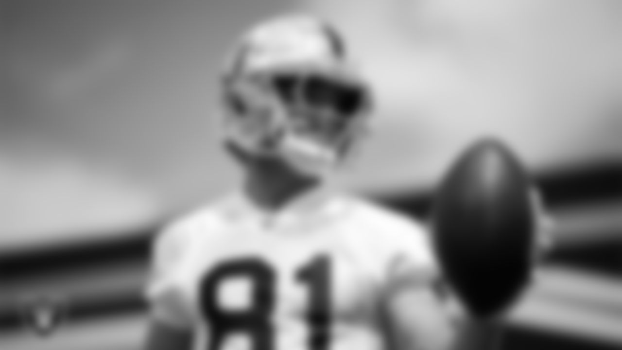Las Vegas Raiders wide receiver Alex Bachman (81) at Day Three of 2025 Veteran Minicamp at Intermountain Health Performance Center.