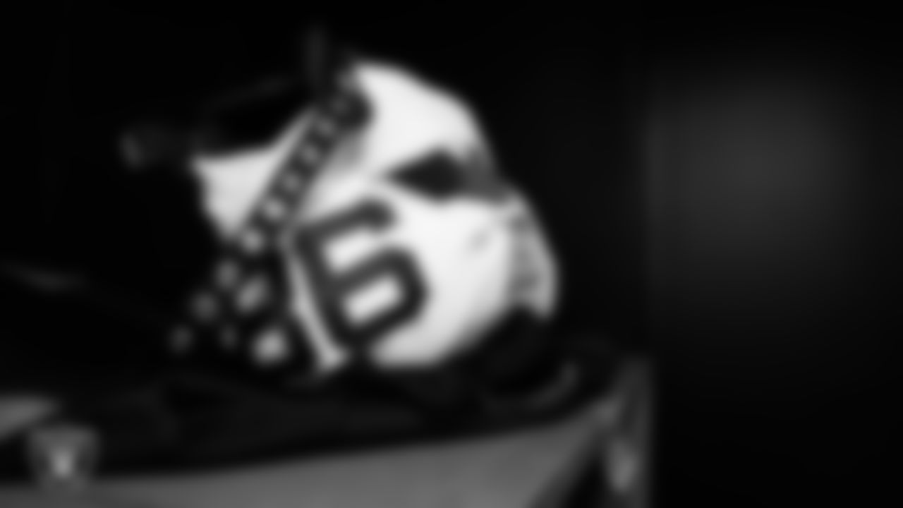 Las Vegas Raiders defensive end Maxx Crosby's (98) pads in the locker room prior to the Raiders' arrival for their regular season away game against the Philadelphia Eagles at Lincoln Financial Field.