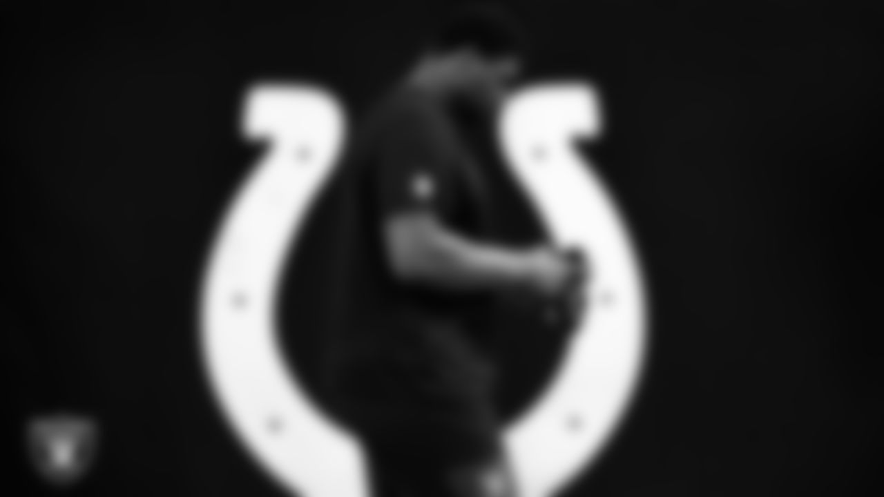 Las Vegas Raiders tackle Charles Grant (60) warming up before the regular season away game against the Indianapolis Colts at Lucas Oil Stadium.