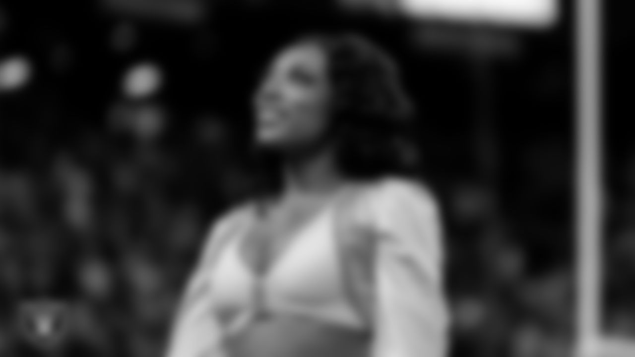 Raiderette Bria on the sidelines during the regular season home game against the Denver Broncos at Allegiant Stadium.
