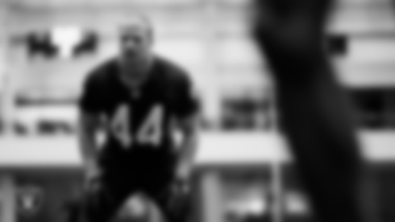 Las Vegas Raiders linebacker Tommy Eichenberg (44) at a workout during phase two of the offseason program at Intermountain Health Performance Center.