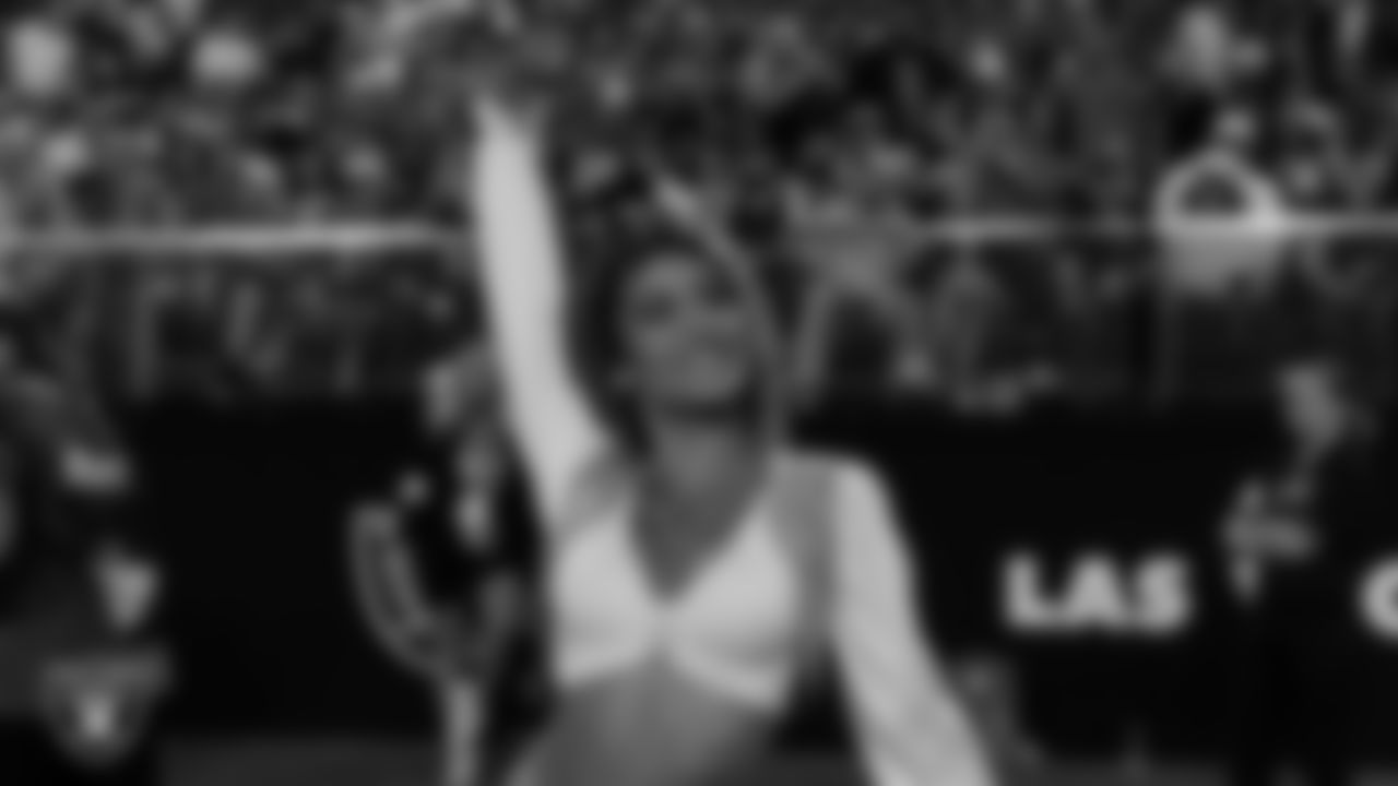 Raiderette Jenna on the sidelines during the regular season home game against the Los Angeles Chargers at Allegiant Stadium.