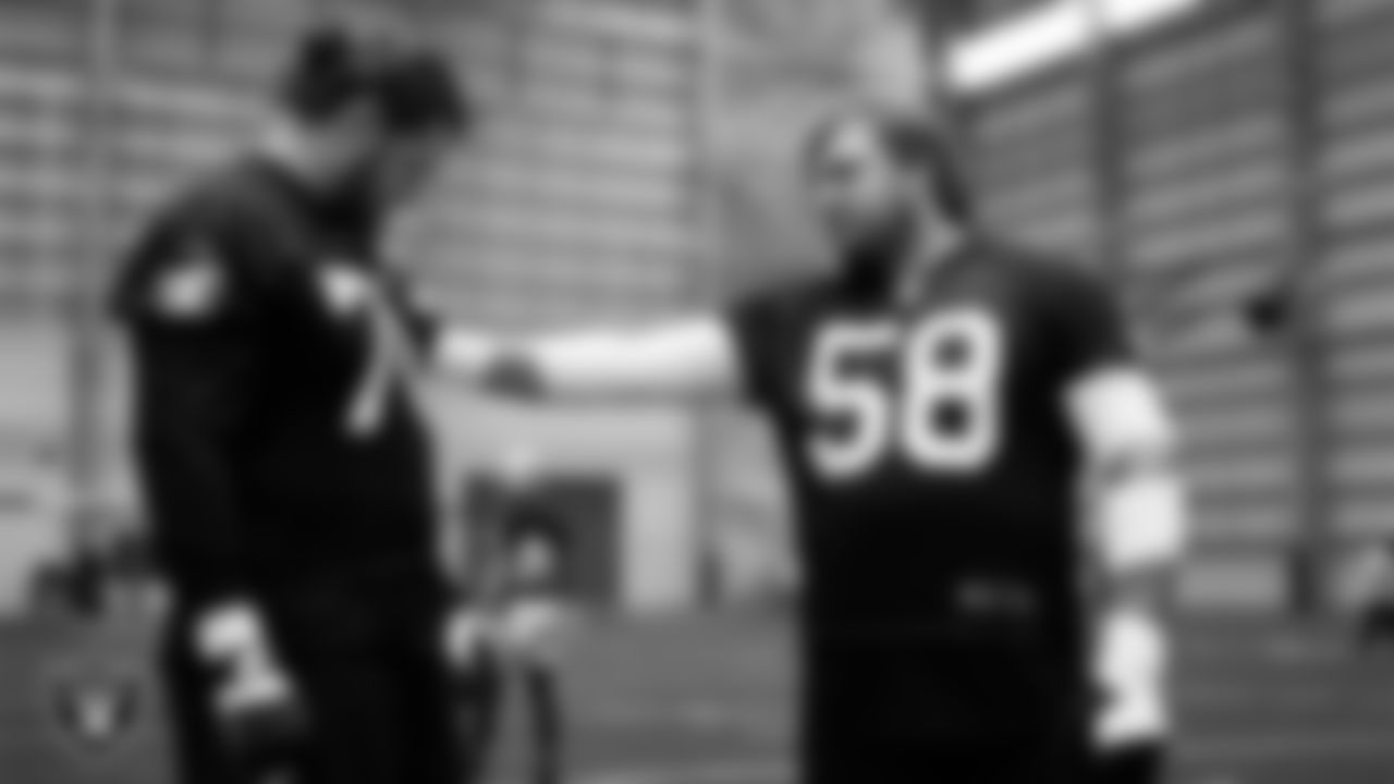Las Vegas Raiders tackle Dalton Wagner (78) and center Jackson Powers-Johnson (58) during practice at Intermountain Health Performance Center.