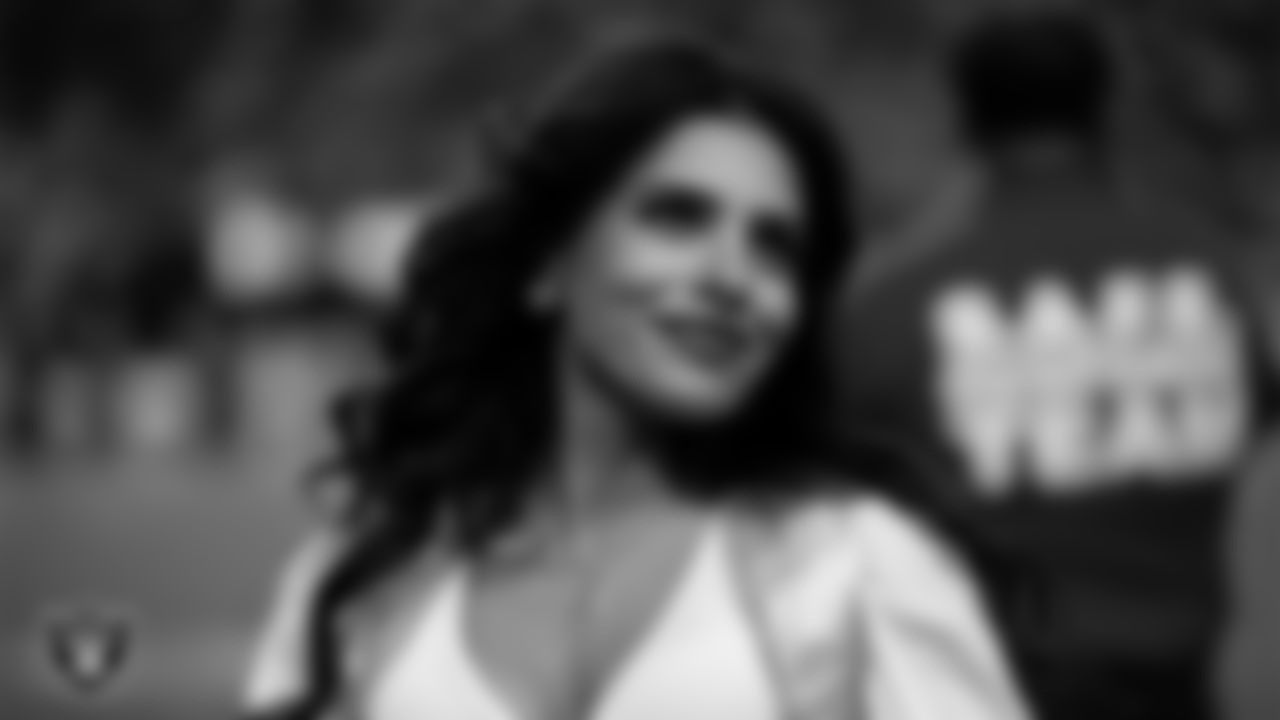 Raiderette Annalise on the sidelines during the regular season home game against the Cleveland Browns at Allegiant Stadium.