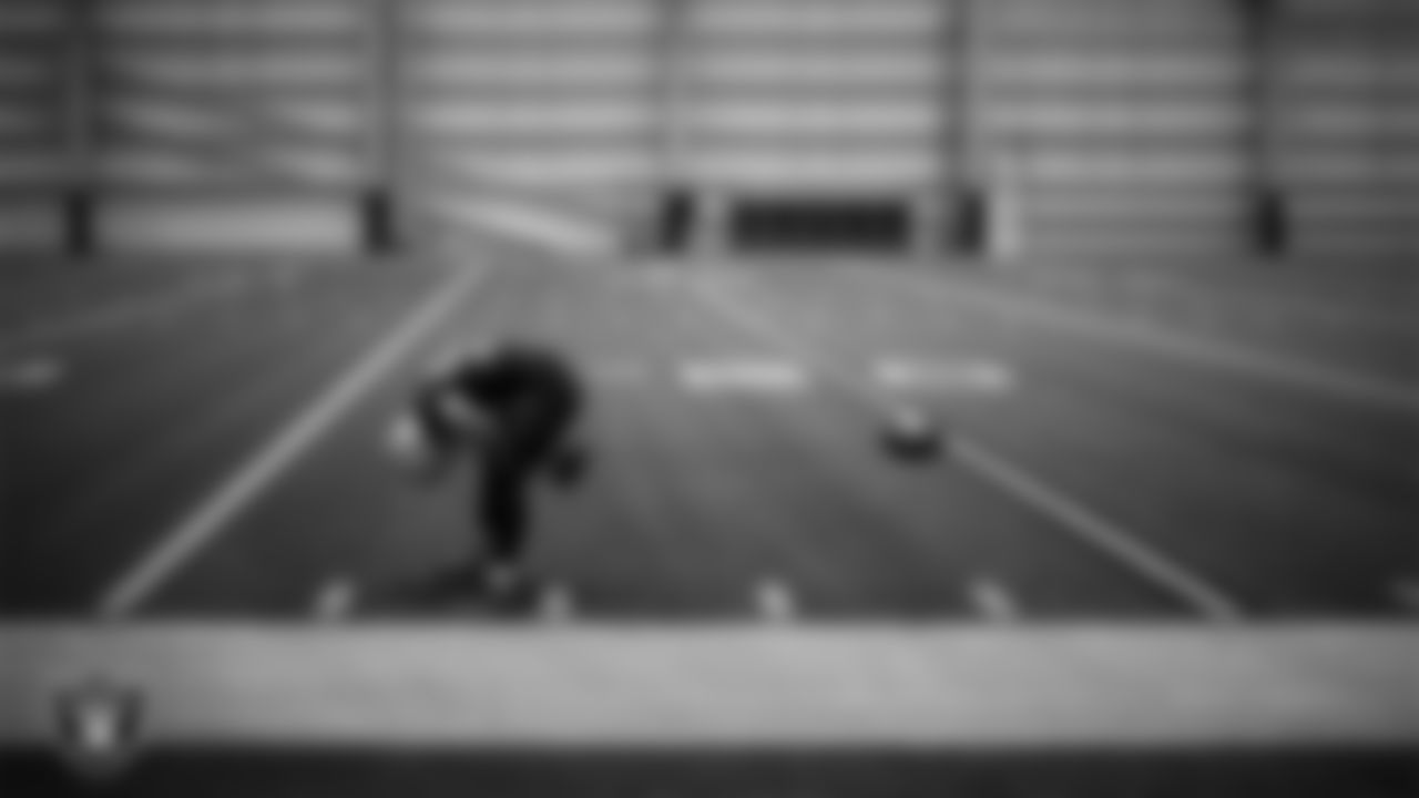 Las Vegas Raiders long snapper Jacob Bobenmoyer (50) during practice at Intermountain Health Performance Center.