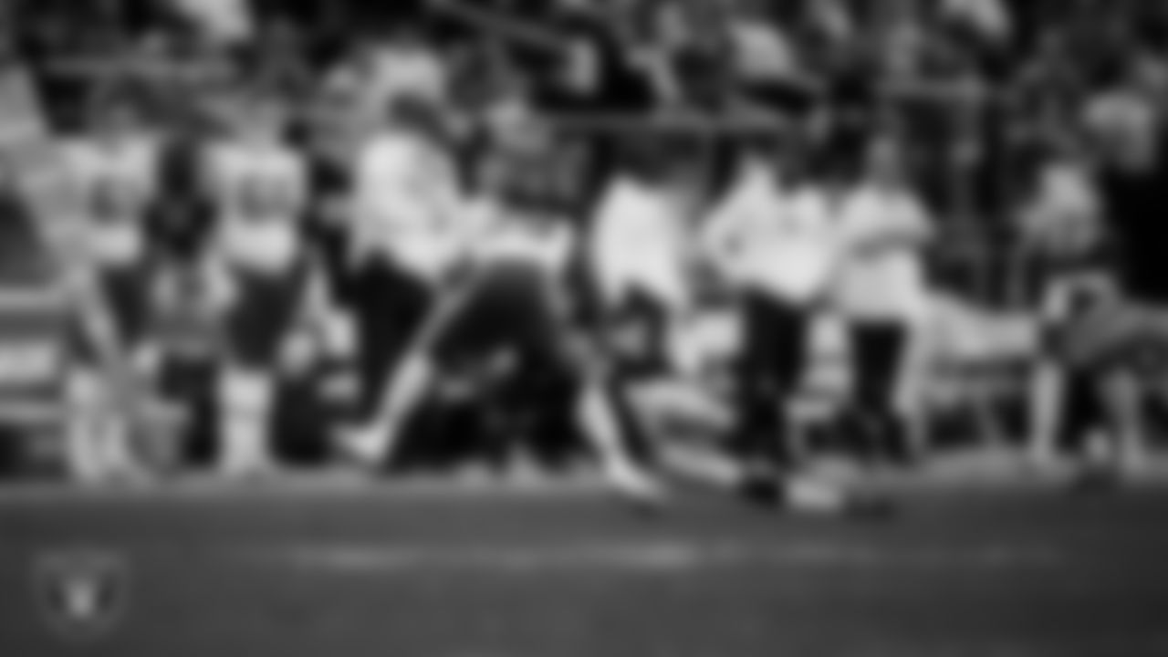 Las Vegas Raiders cornerback Darnay Holmes (30) makes a tackle during the regular season home game against the Kansas City Chiefs at Allegiant Stadium.