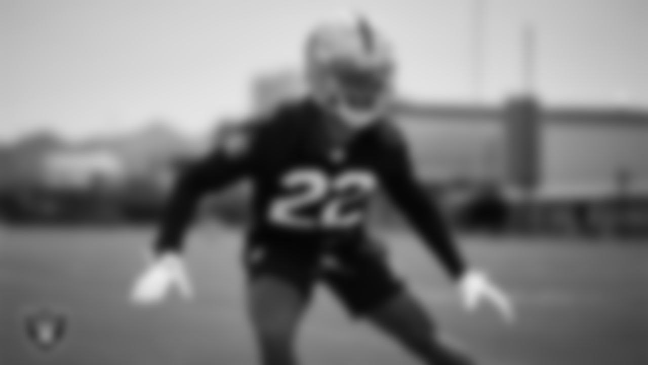 Las Vegas Raiders cornerback Eric Stokes (22) at Day Three of 2025 Veteran Minicamp at Intermountain Health Performance Center.