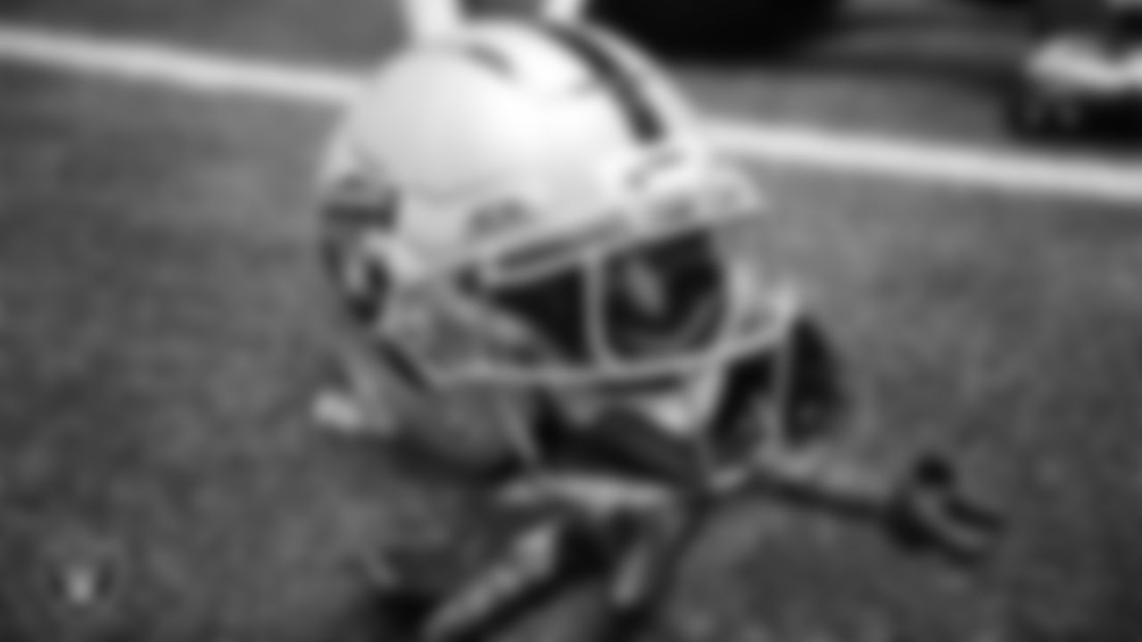 Las Vegas Raiders cornerback Kyu Blu Kelly's (36) helmet and gloves during practice at Intermountain Health Performance Center.