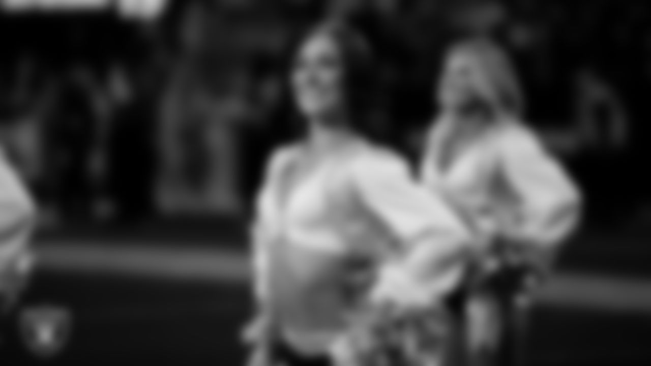 Raiderette Amanda waits to take the field for a performance during the regular season home game against the Cleveland Browns at Allegiant Stadium.