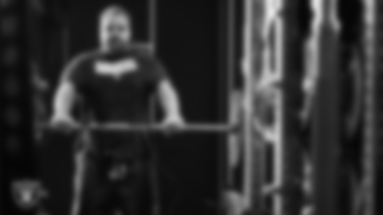 Las Vegas Raiders offensive lineman Jordan Meredith (61) at a workout during phase one of the offseason program at Intermountain Health Performance Center.
