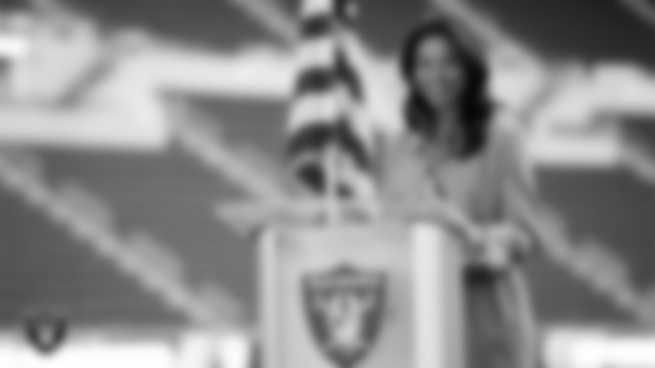 Las Vegas Raiders President Sandra Douglass Morgan speaks during a Naturalization Ceremony at Allegiant Stadium.