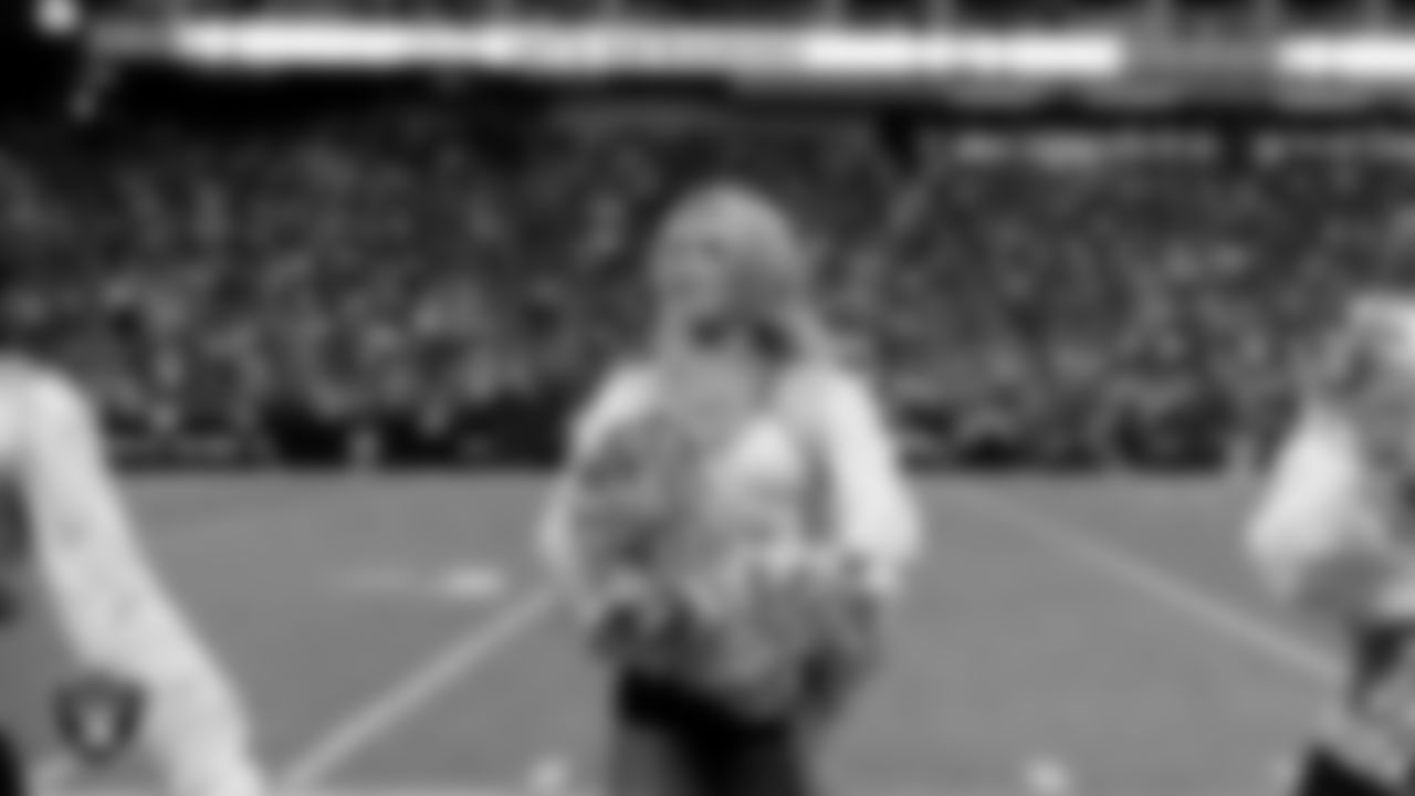 Raiderette Delaney on the sidelines during the regular season home game against the Cleveland Browns at Allegiant Stadium.