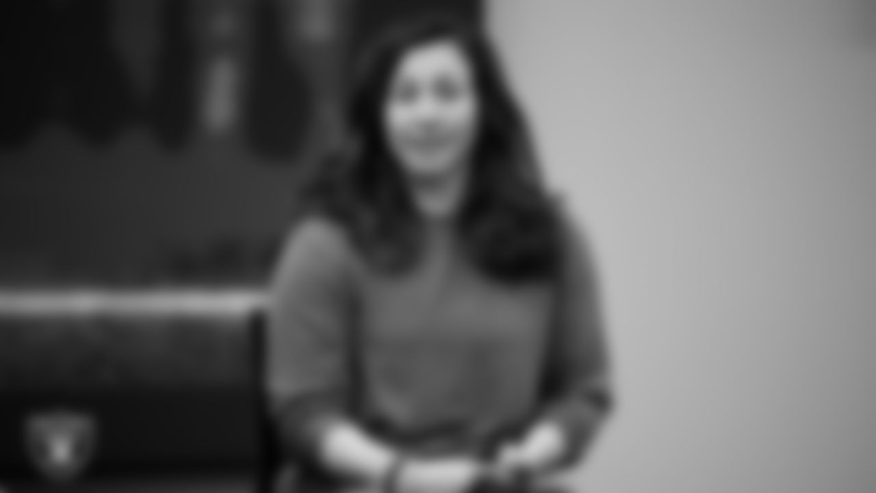 Las Vegas Raiders facility engineer Farren Romero speaks to students during the Employee Resource Group Mentorship Program at Las Vegas Raiders Headquarters.