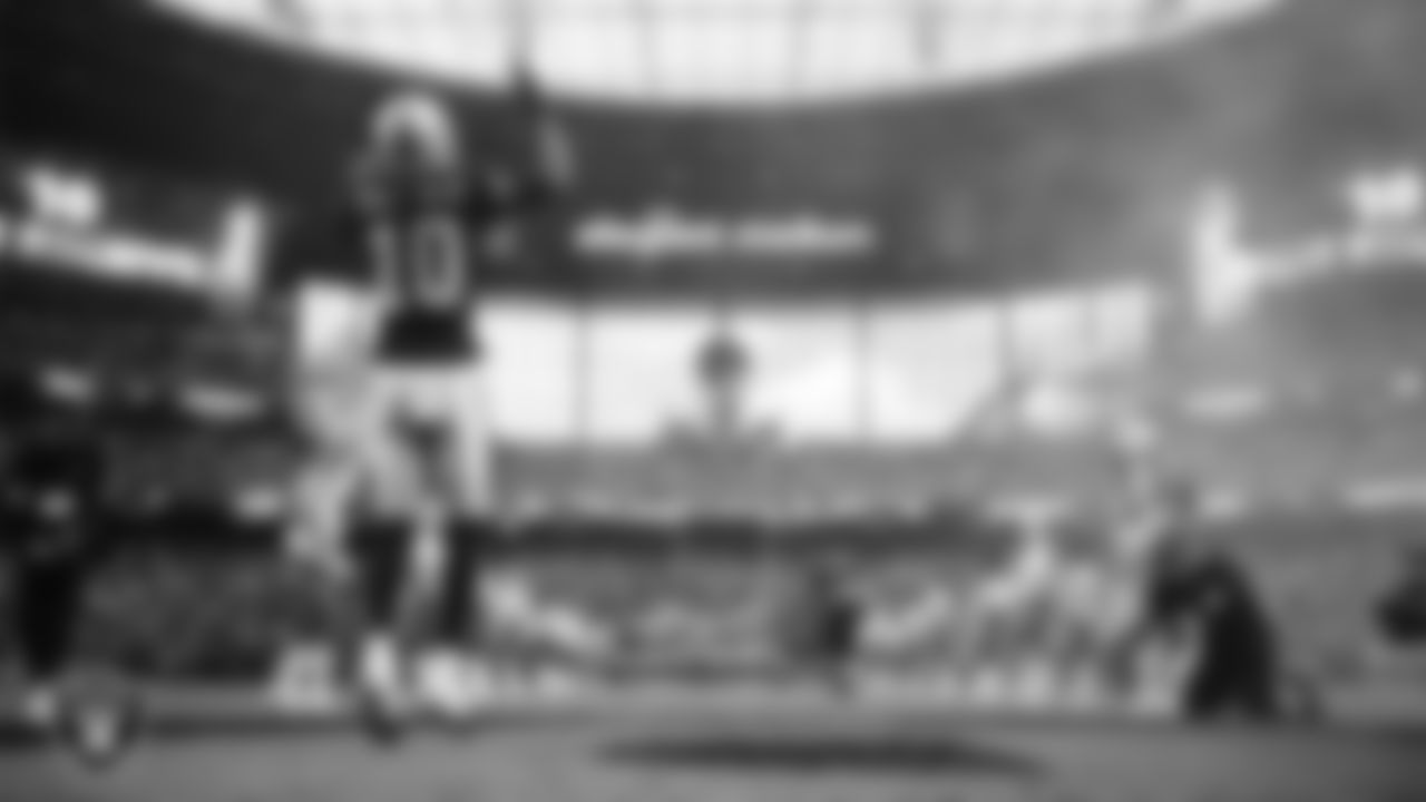 Las Vegas Raiders wide receiver Dont'e Thornton Jr. (10) is introduced onto the field before the regular season home game against the Chicago Bears at Allegiant Stadium.