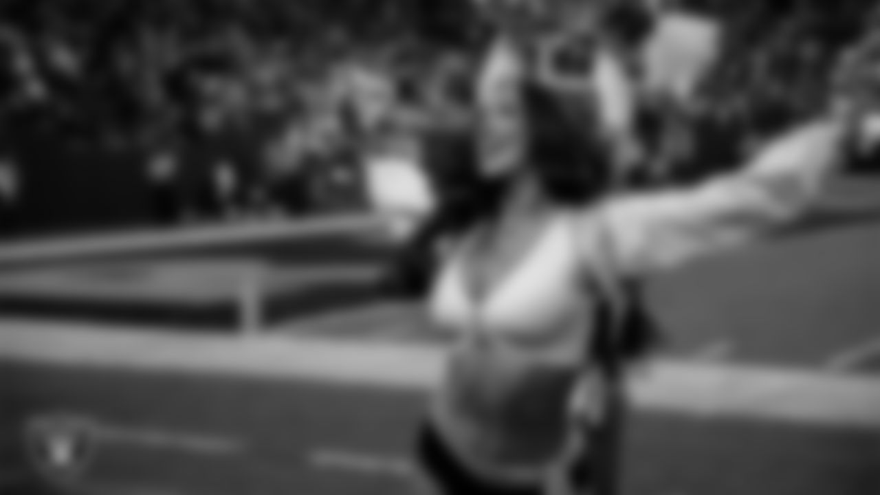 Raiderette Cheyanne on the sidelines during the regular season home game against the Kansas City Chiefs at Allegiant Stadium.