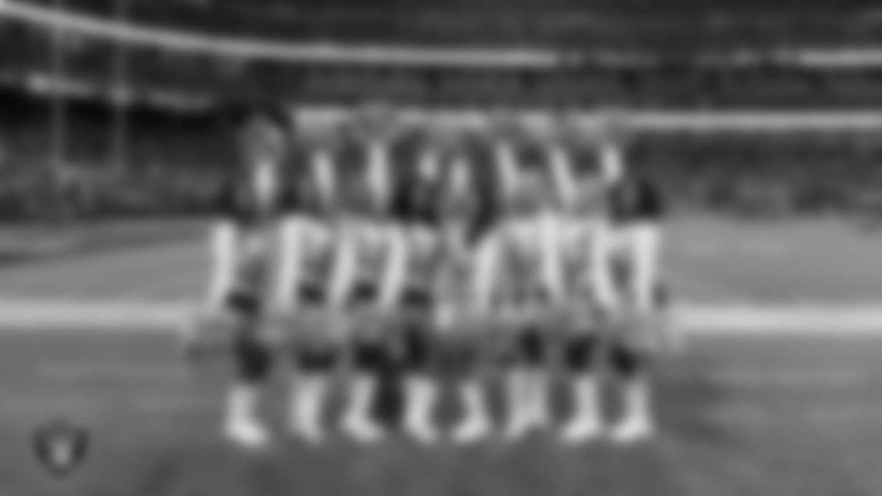 Line 3 of the Raiderettes on the sidelines during the regular season home game against the Los Angeles Chargers at Allegiant Stadium.