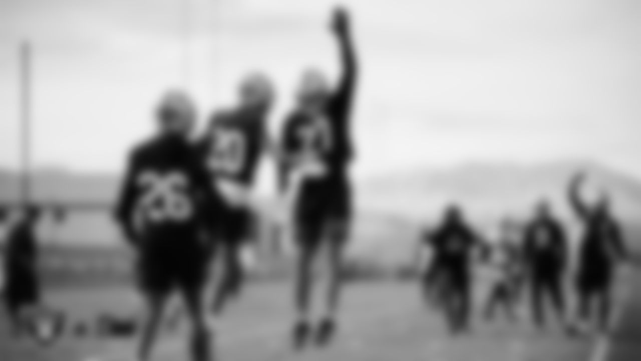 Las Vegas Raiders safety Isaiah Pola-Mao (20) and safety Tristin McCollum (27) during practice at Intermountain Health Performance Center.