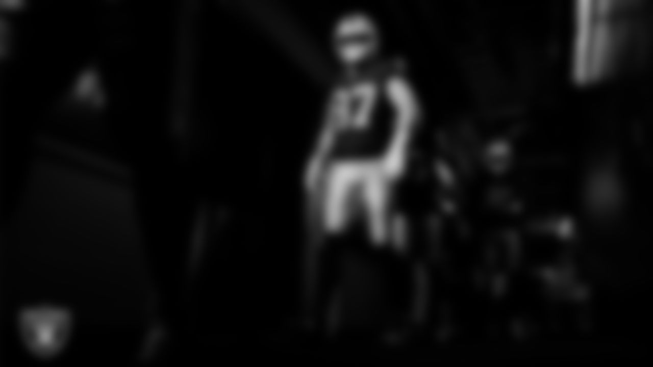 Las Vegas Raiders tight end Michael Mayer (87) walks down the tunnel before the regular season home game against the New York Giants at Allegiant Stadium.