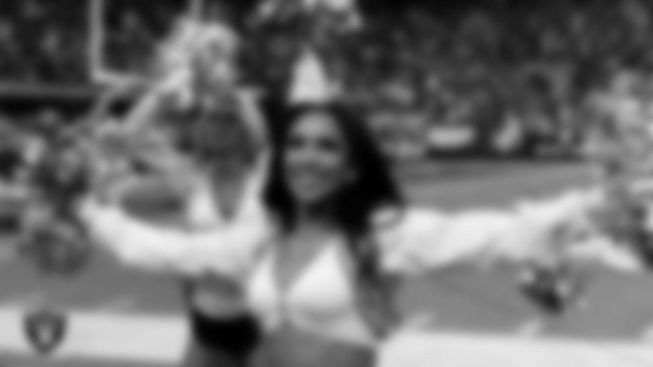 Raiderette Cierra on the sidelines during the regular season home game against the Cleveland Browns at Allegiant Stadium.